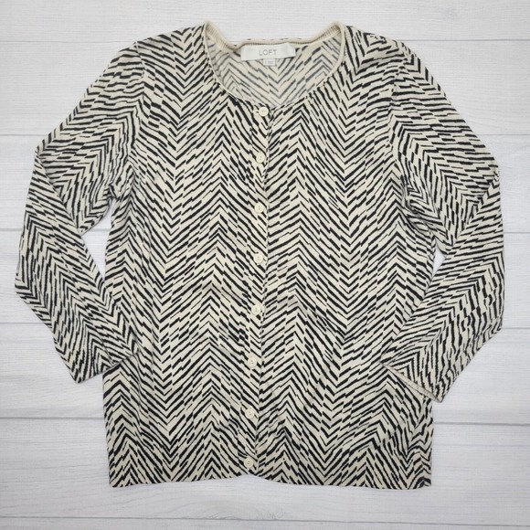 LOFT Ivory And Black Geometric Stripe Button Front Cardigan Size Small - Picture 1 of 8